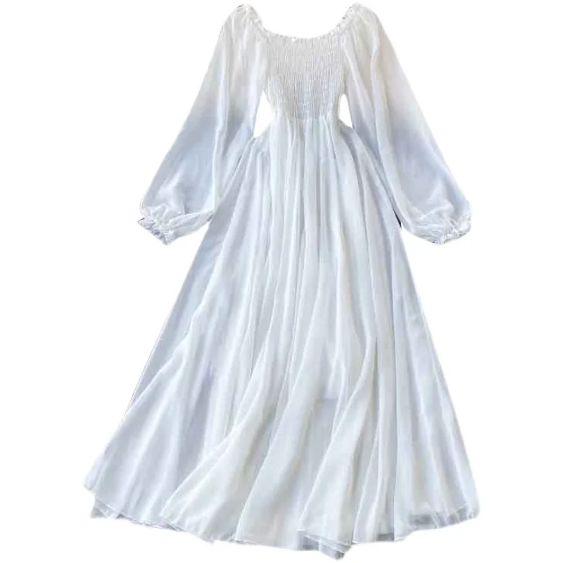 Fehér Ruha Elegáns Tündér ChiffonStyleLong Ruha Mori Lány LanternSleeves Ruha Nők Bohém Őszi Ruhát, 2021 Vintage ruha