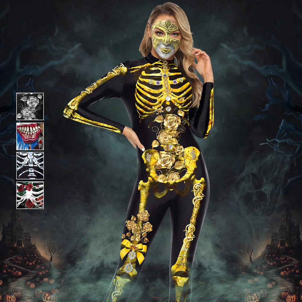 Cosplay Csontváz Rose Body Felnőtt Hosszú Ujjú Cosplay Jelmez Rugalmas Slim 3D Nyomtatott Karnevál Halloween Kezeslábas