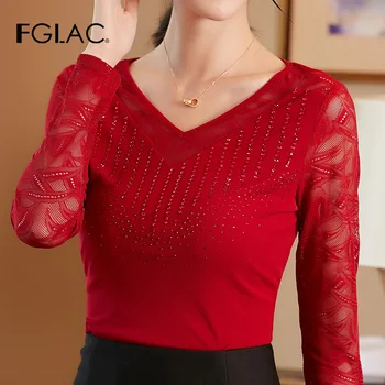 FGLAC Női póló Divat Alkalmi v-nyakú hosszú ujjú háló tetejét Új 2019 Őszi Gyémánt plus size nők tetejét, majd póló