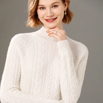 Női pulóver 2021 téli új 100% - os gyapjú pulóver, alkalmi egyszínű kasmír pulóver fél garbó pulóver, női felső vastag